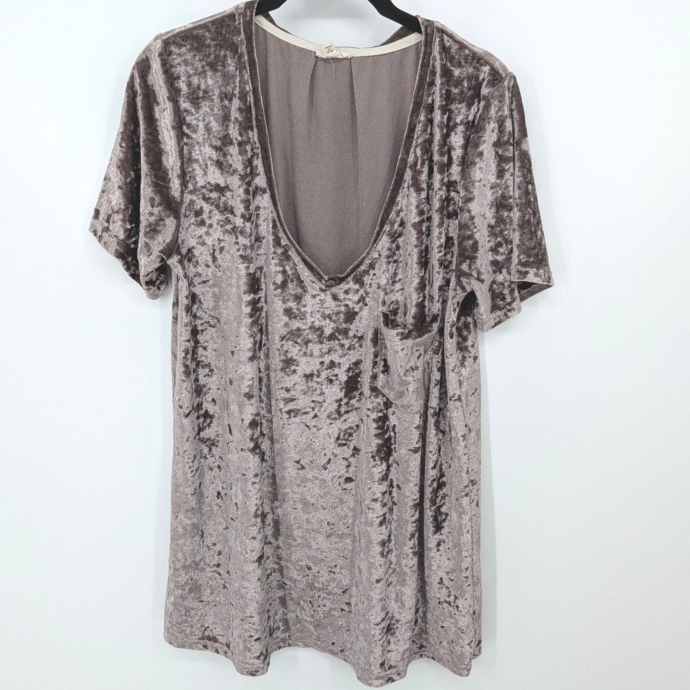 POL Velvet Pocket Tee Women Large Tan Brown Short Sleeve Boho Top Grunge Indie